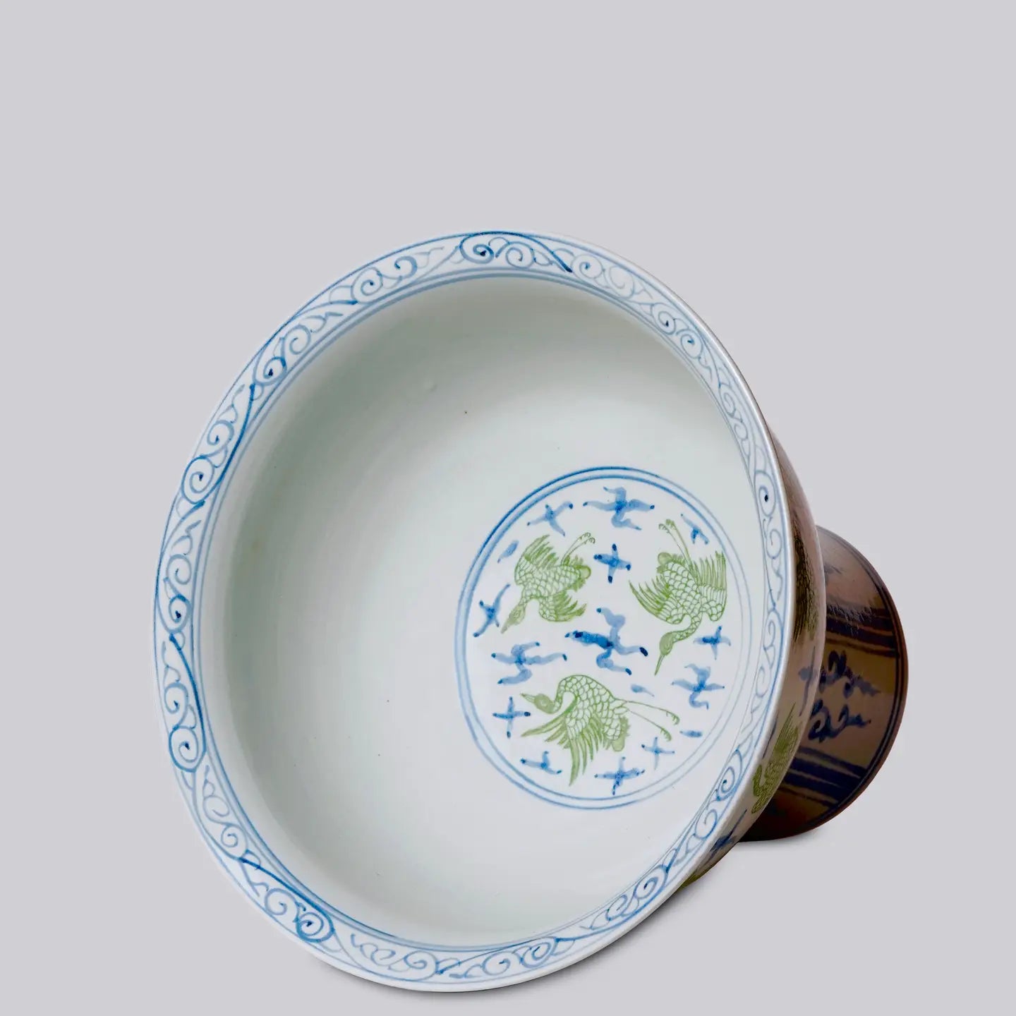 Green and Blue Porcelain Crane and Clouds Large Footed Bowl