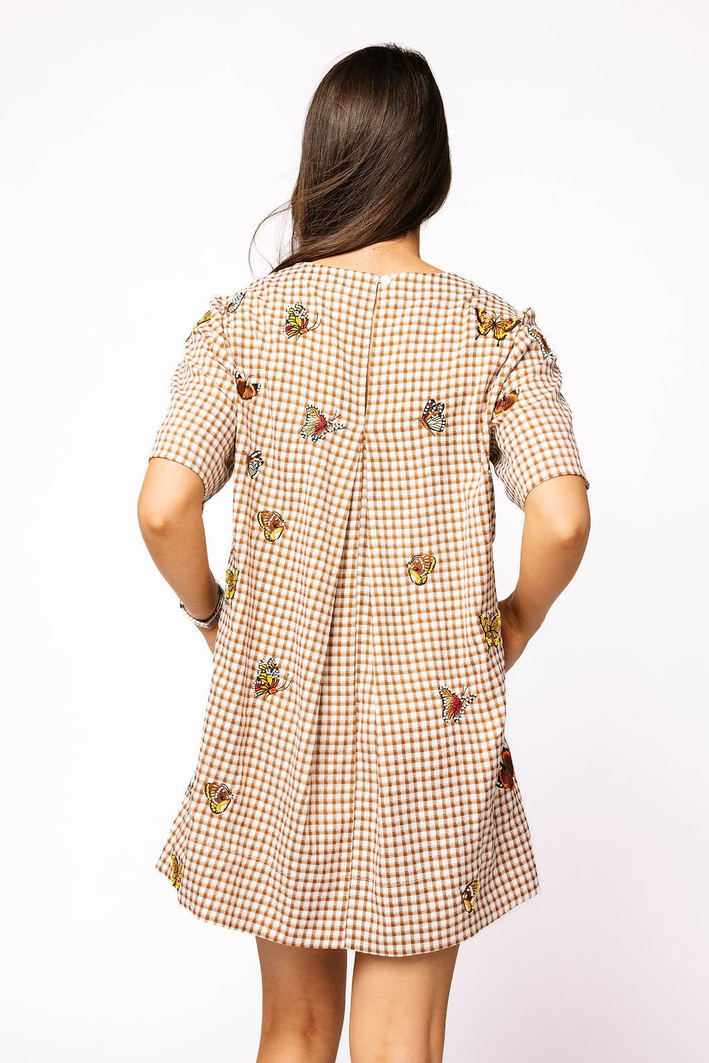 Brown Plaid Butterfly Short Sleeve Dress