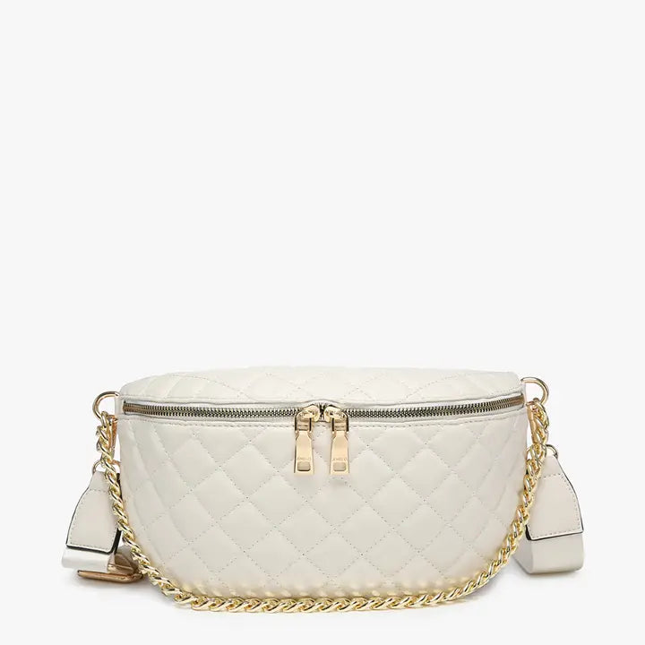 Sylvie Quilted Belt Bag with Chain Strap Bone