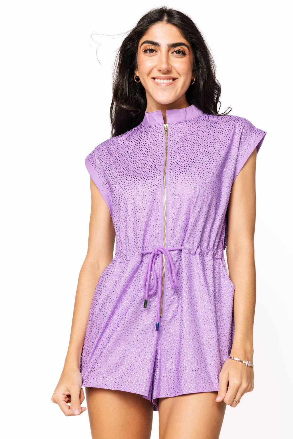 Purple Rhinestone Zip Up Romper