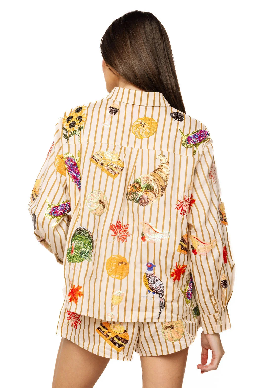 Beige Striped Thanksgiving Icon Cotton Button Up Top