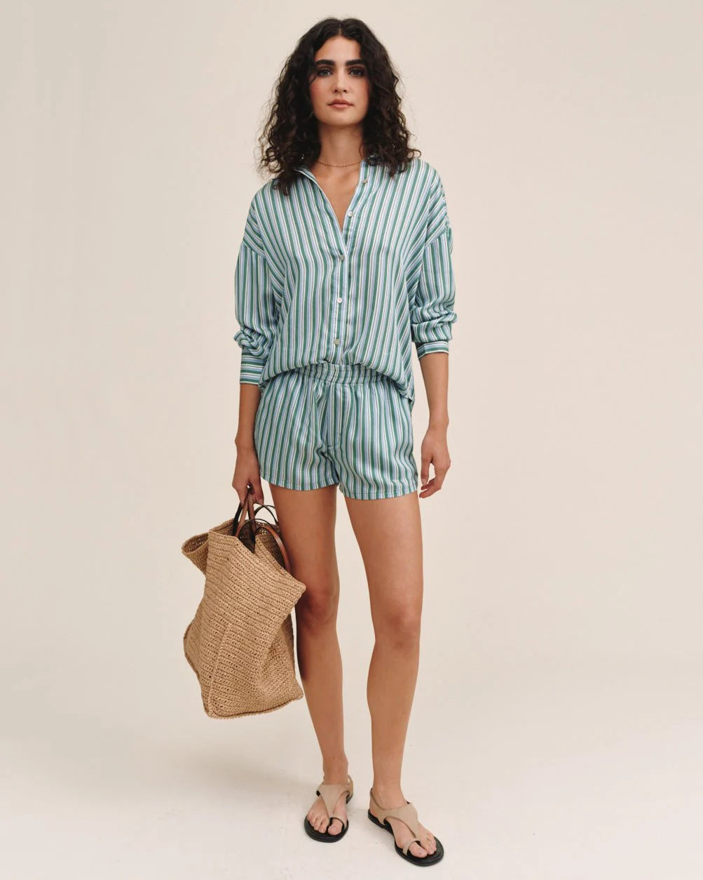 Oversized Button Down Emerald Surf Stripe