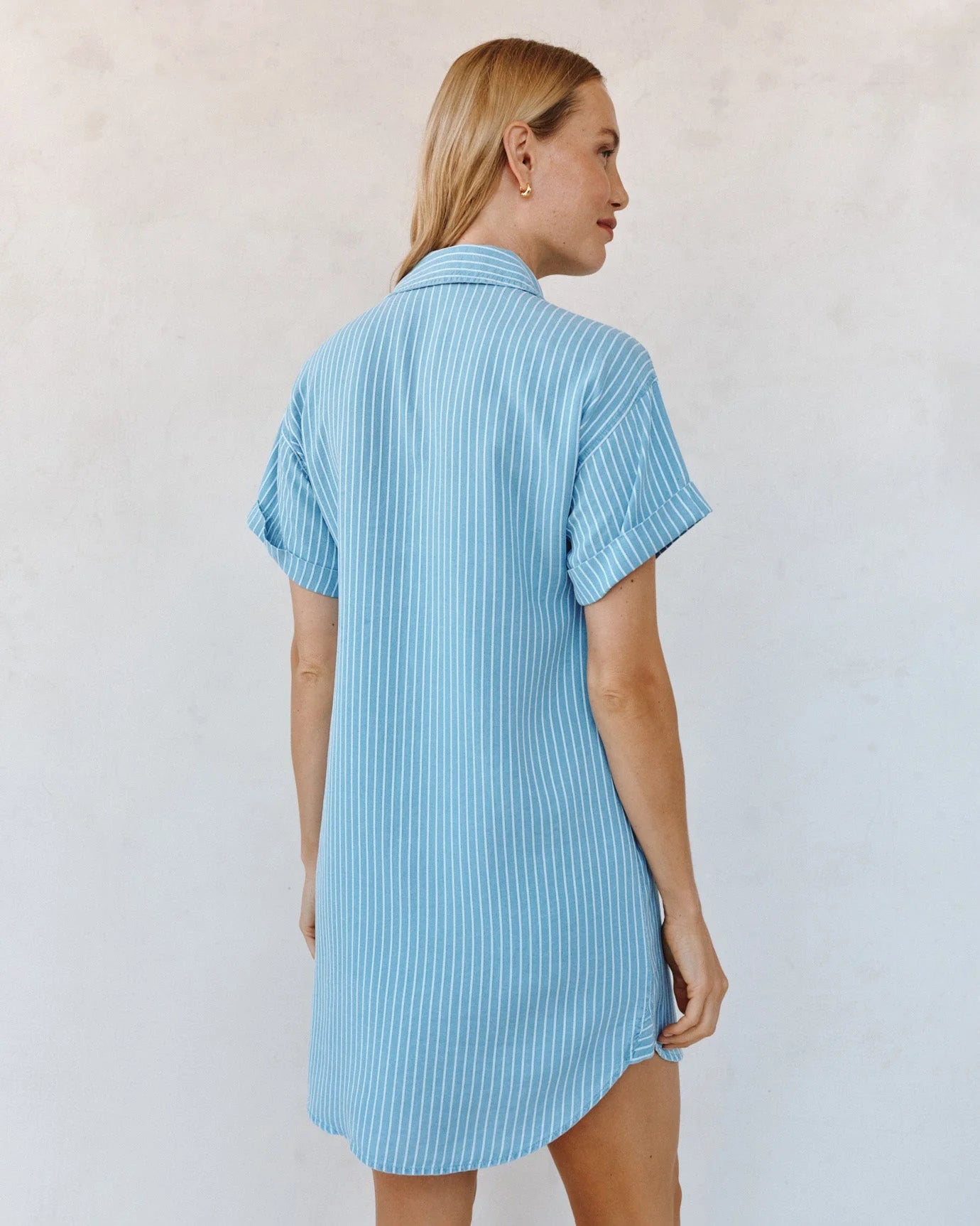 Roll Sleeve Pocket Shirt Dress Coastal Stripe Wash