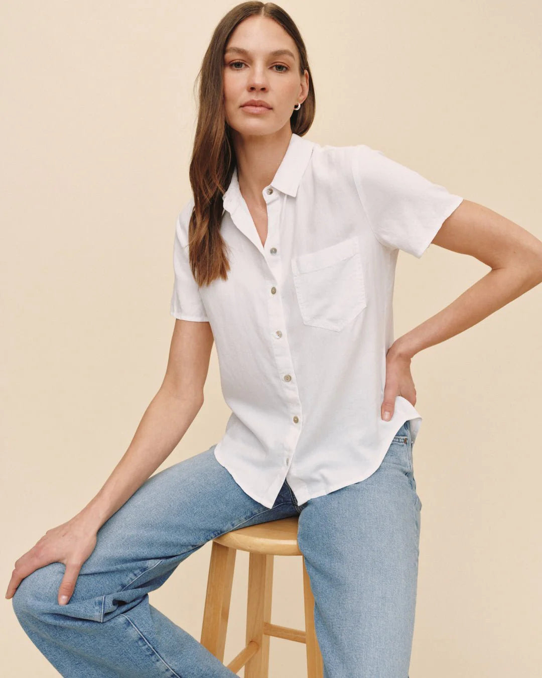 Short Sleeve Pocket Button Down White