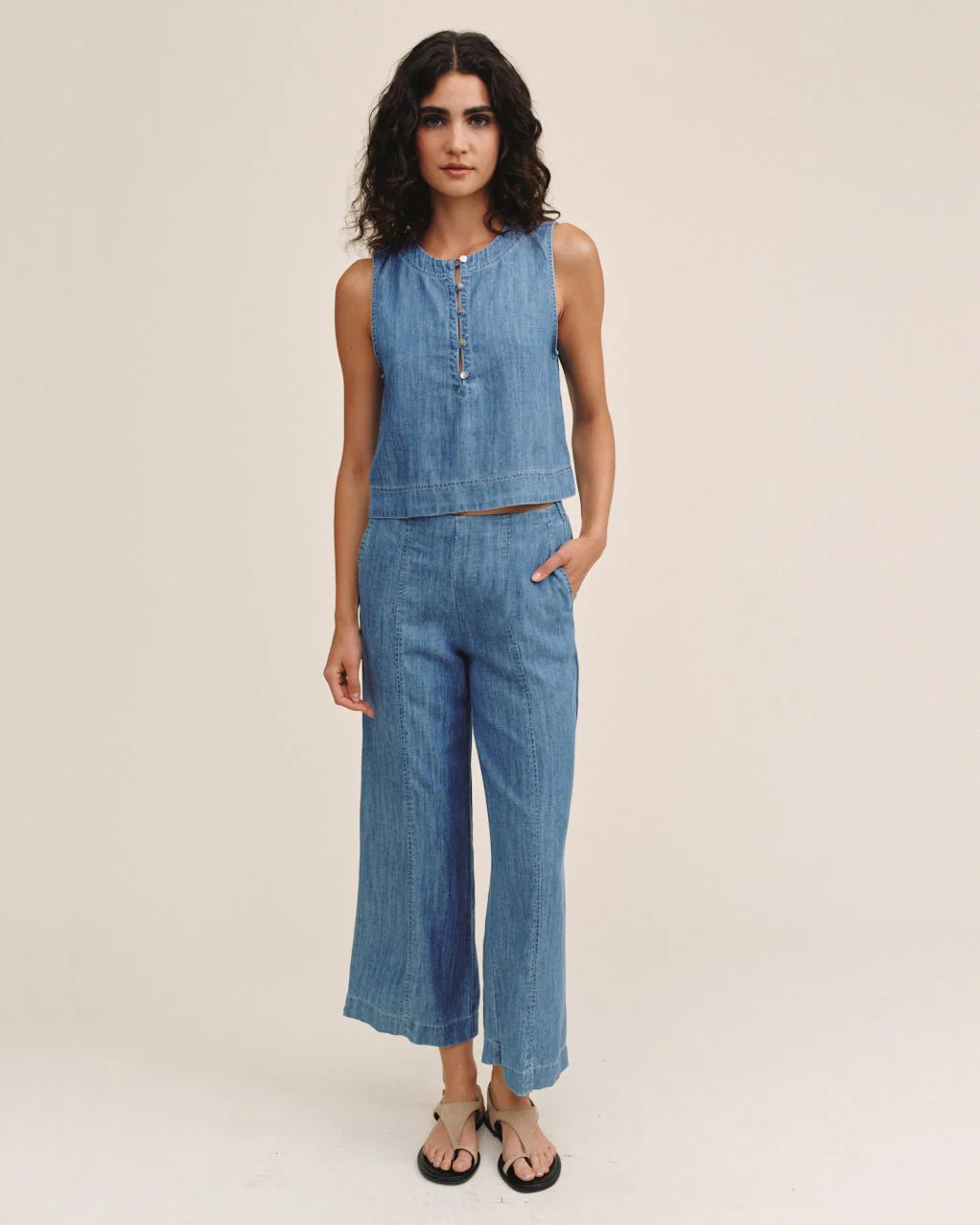 Sleeveless Placket Pullover Island Blue Wash