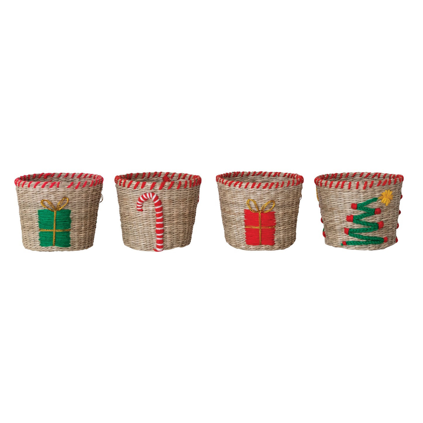 Hand-Woven Seagrass & Cotton Baskets with Embroidered Holiday Icons