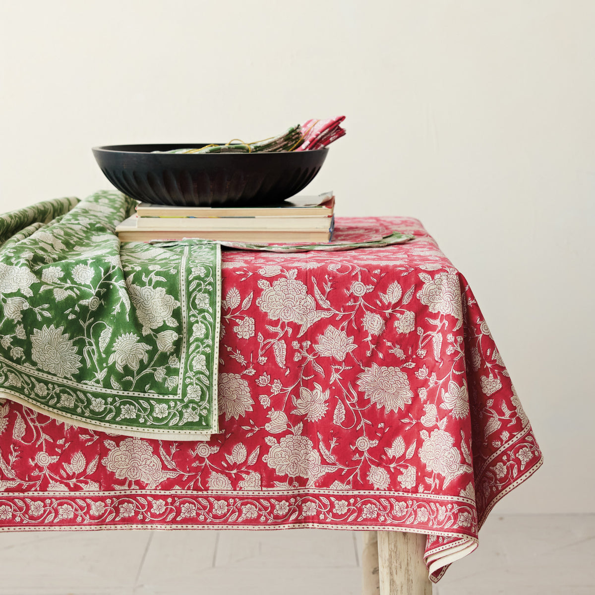 Cotton Block Print Tablecloth with Floral Pattern, Green & White