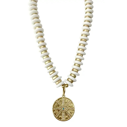 Winnie White Beaded Necklace with Evil Eye Charm
