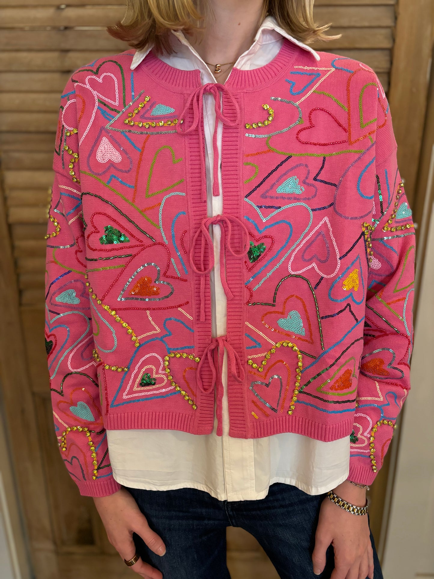 Hot Pink Multi Groovy Heart Tie Up Sweater
