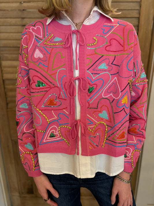 Hot Pink Multi Groovy Heart Tie Up Sweater