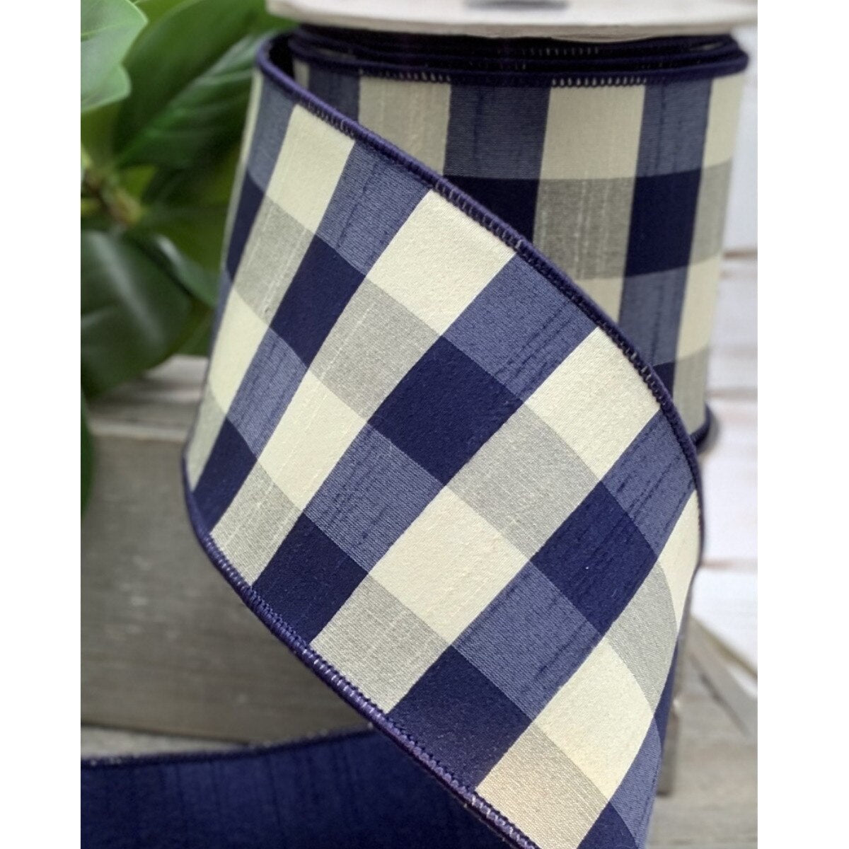 4" Dupion Check Navy Cream