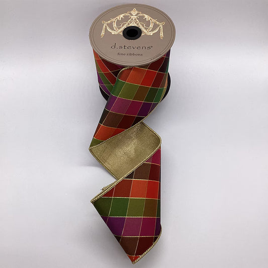 4" Dupion Colorful Stain Glass Check Fuchsia Green Purple