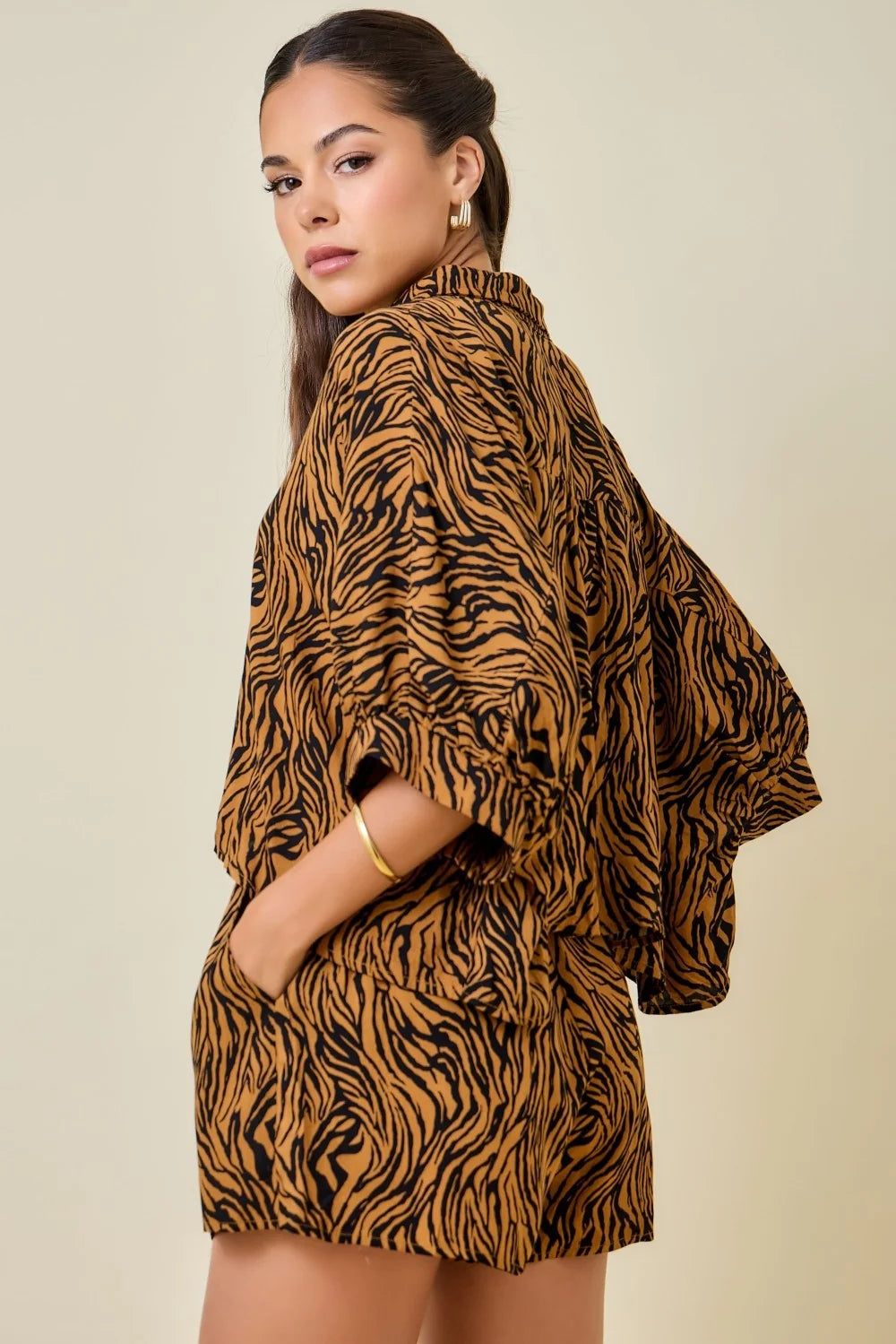 Tiger Print Boxy Cropped Shirt w/ Matching Shorts Set