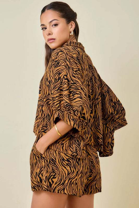 Tiger Print Boxy Cropped Shirt w/ Matching Shorts Set