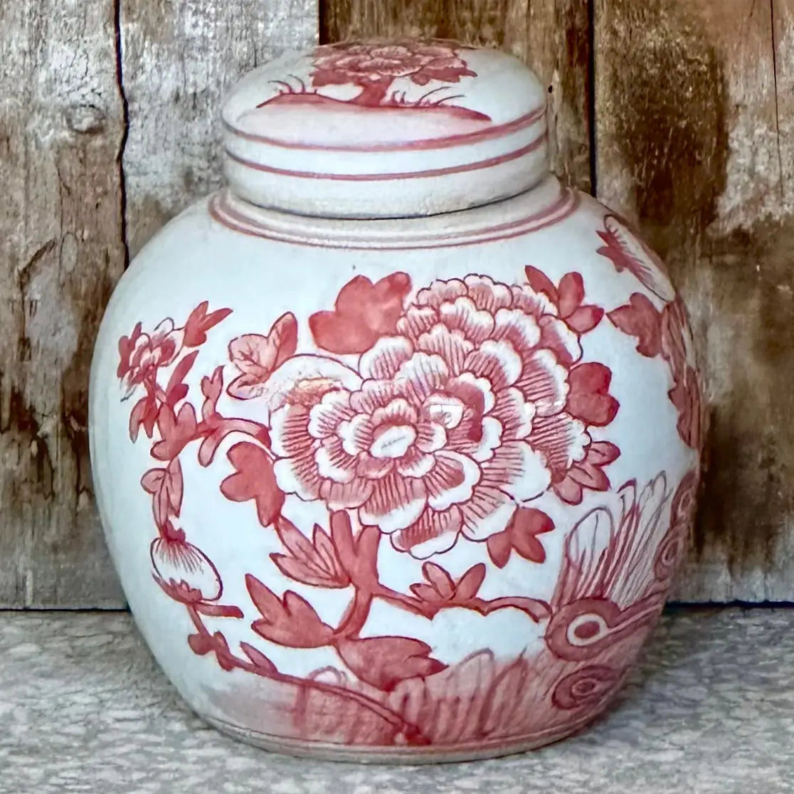 Red and White Porcelain Peony Round Storage Jar