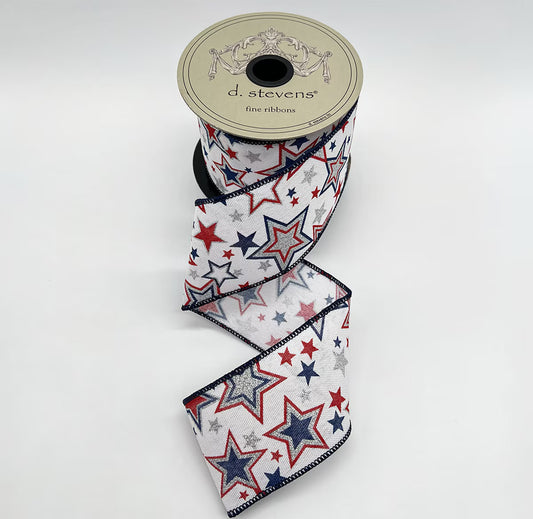2.5" Linen American Stars Silver Glitter Red White & Blue