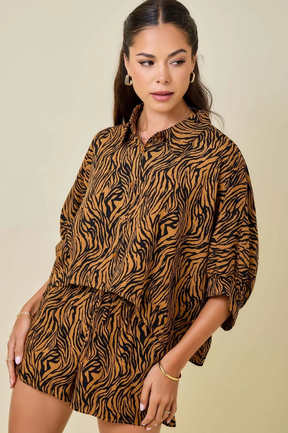 Tiger Print Boxy Cropped Shirt w/ Matching Shorts Set