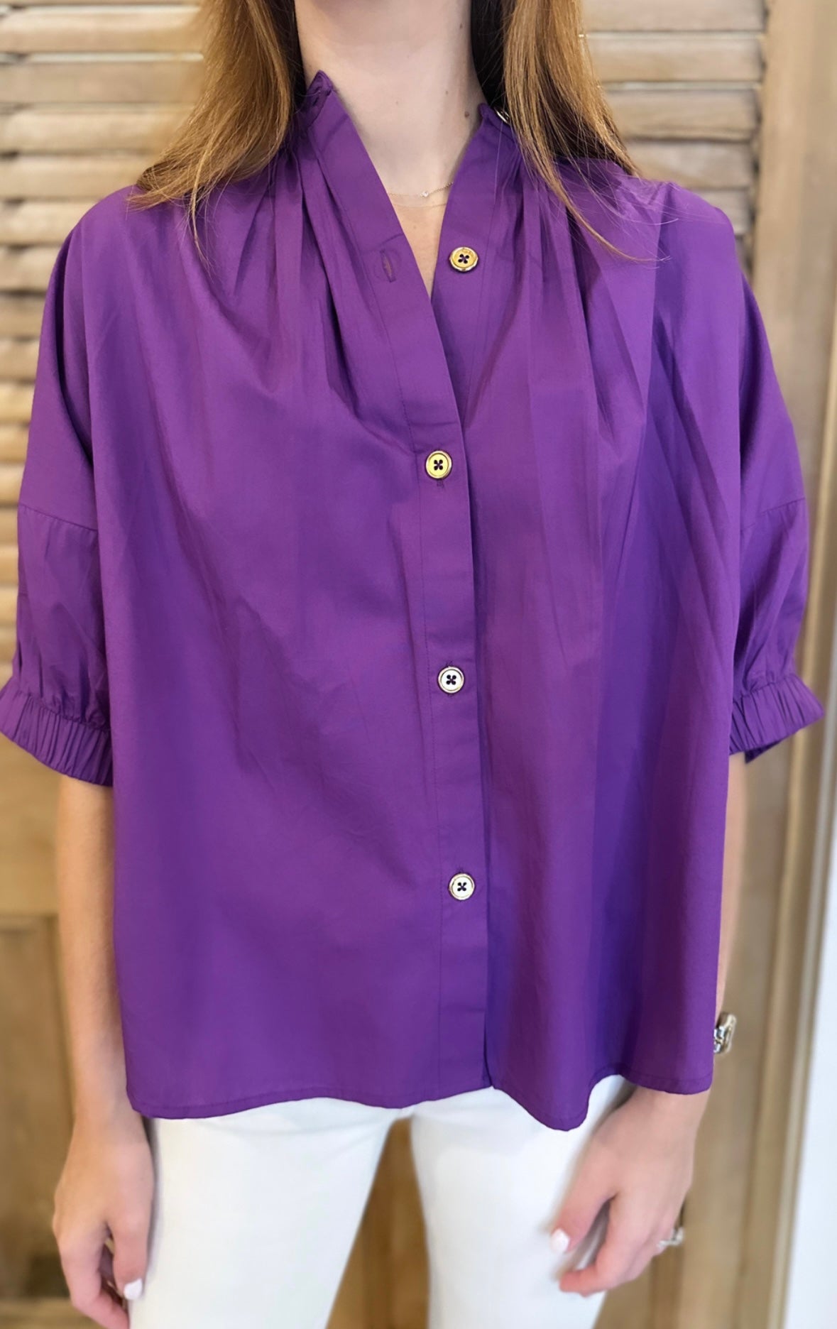 Elastic Sleeve Top Purple Solid Cotton