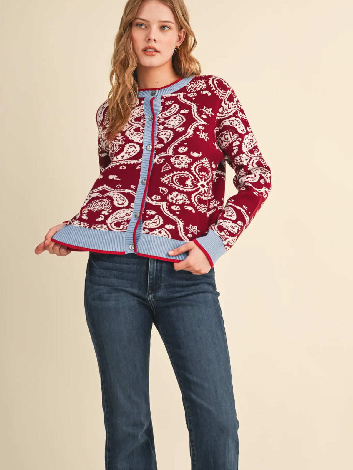 Paisley Knit Contrast Button Down Sweater Cardigan Burgundy Blue