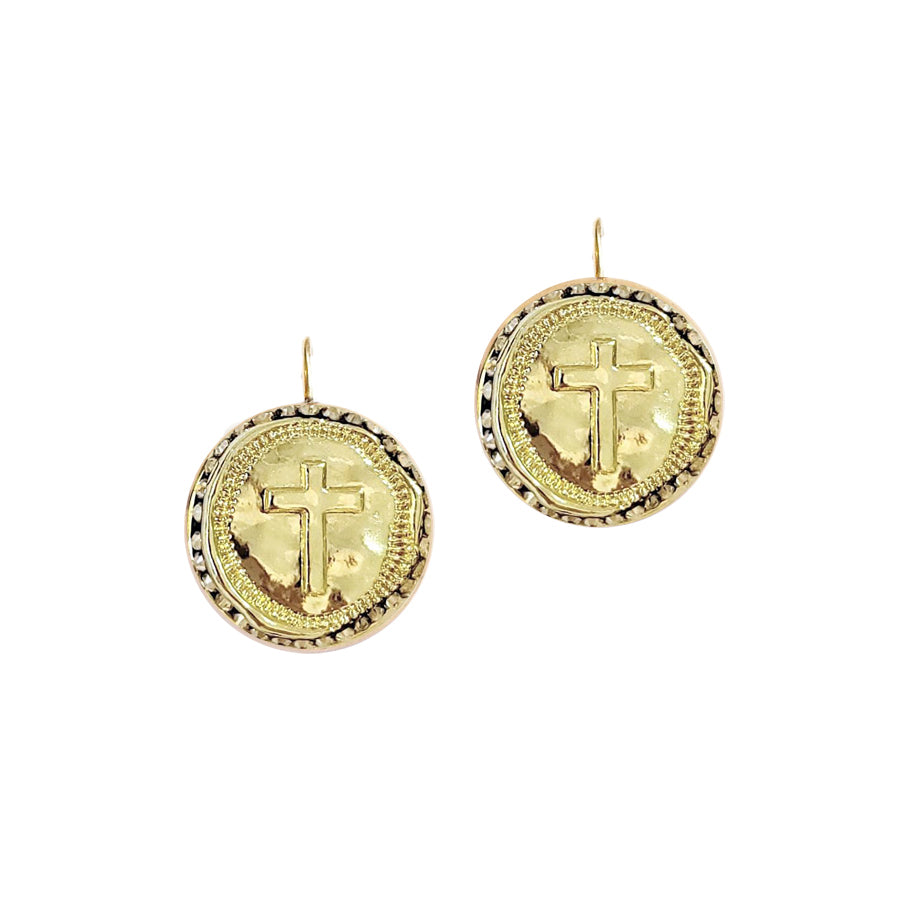 Prayer Warrior Gold Coin Cross Earrings