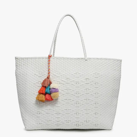 Shelby Large Handwoven Tote w/ Pom-Poms Diamond White
