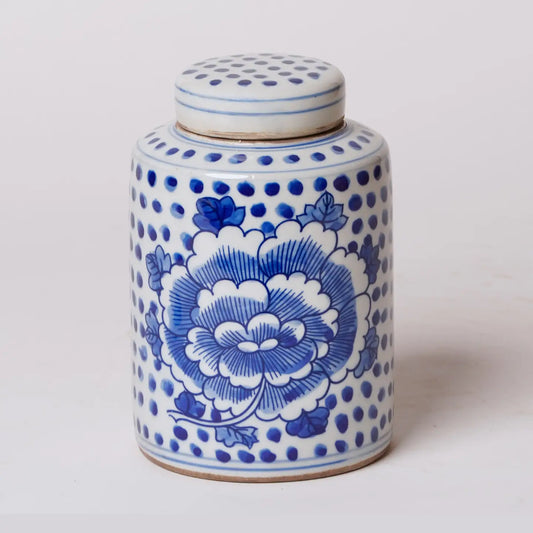 Blue & White Porcelain Polka Dot Peony Cylinder Caddy
