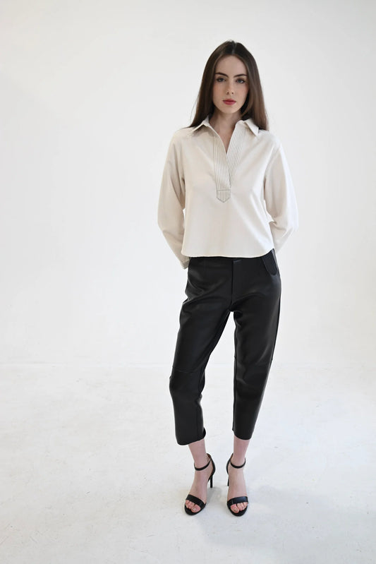 Split Neck Long Sleeve Top Bone