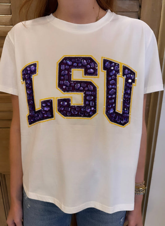 White Licensed LSU Jeweled Letter Tee