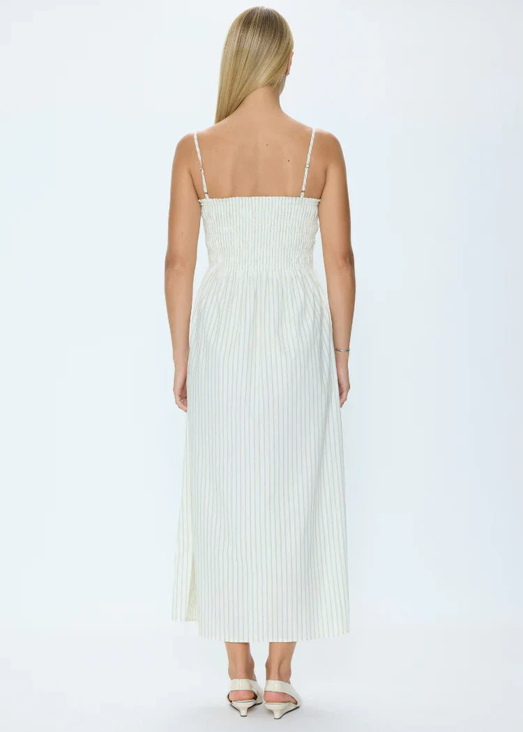 Bianca Shirred Bodice Dress Sage Egret Stripe