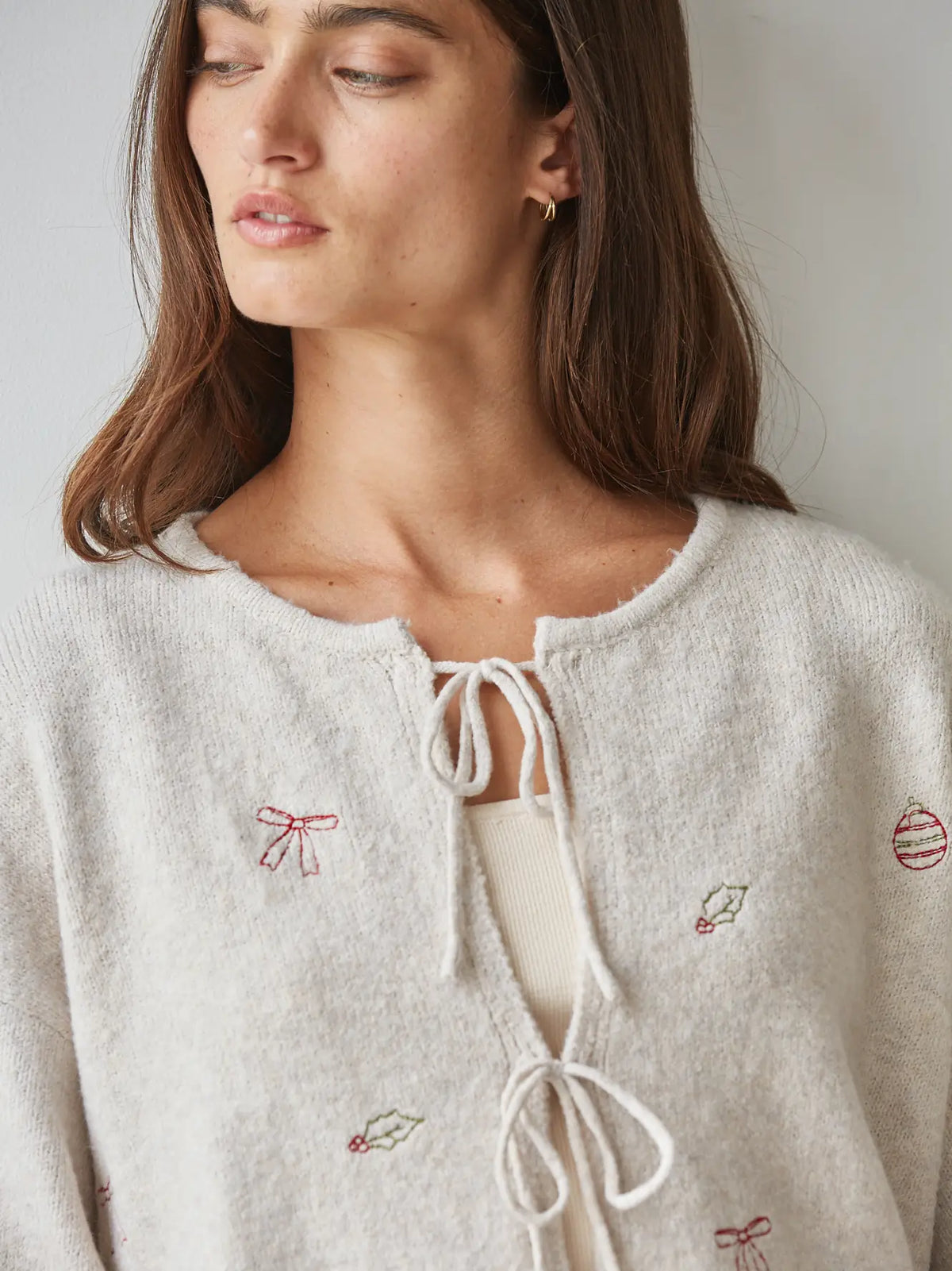 Knit Cardigan with Front Tie Straps and Embroidery Natural Red