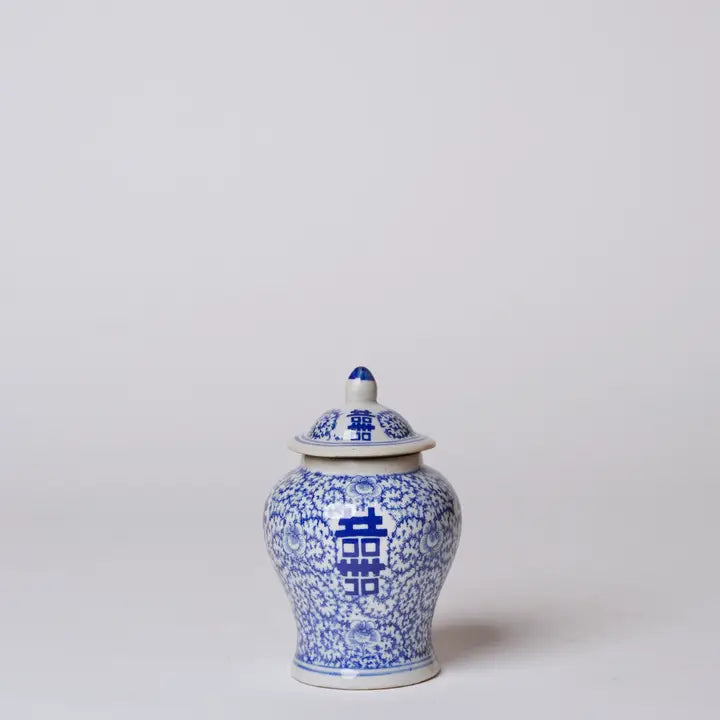 Tiny Blue and White Porcelain Double Happiness Temple Jar