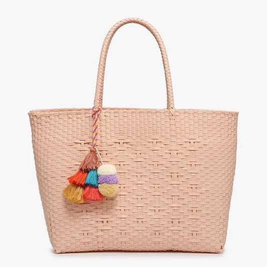 Shelby Large Handwoven Tote w/ Pom-Poms Diamond Dark Pink