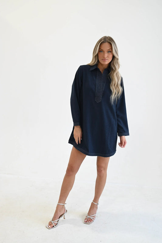 Split Neck Dress Navy Boucle