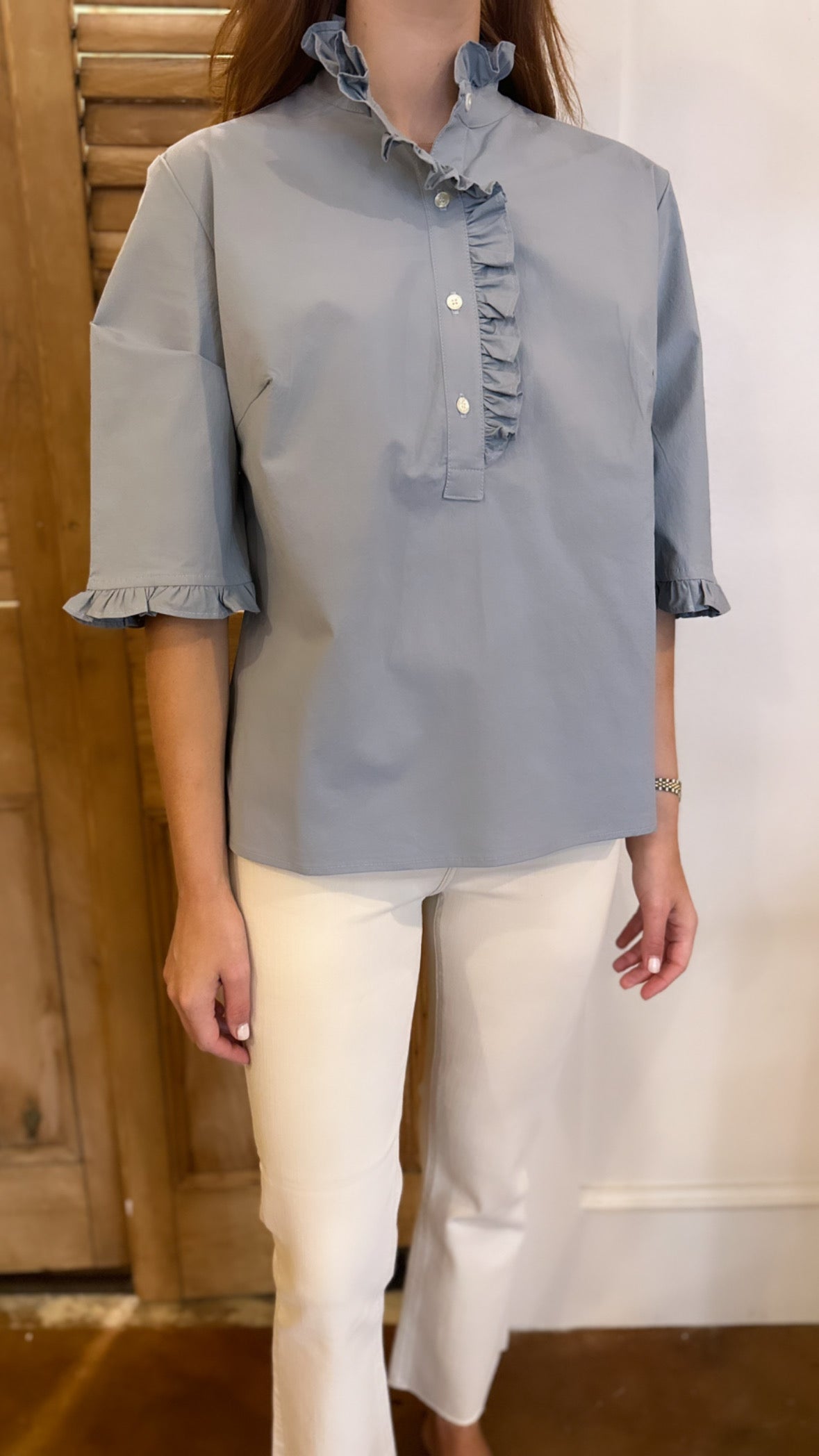 Ruffle Collar Short Sleeve Top Blue