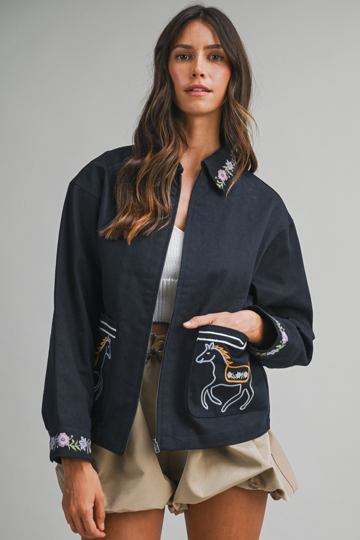 Twill Oversized Embroidery Jacket Navy