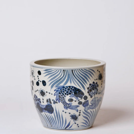 Blue and White Porcelain River Fish Planter