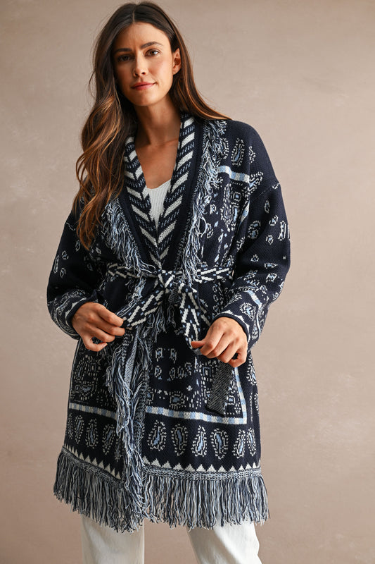 Fringe Detail Long Cardigan with Tie Navy