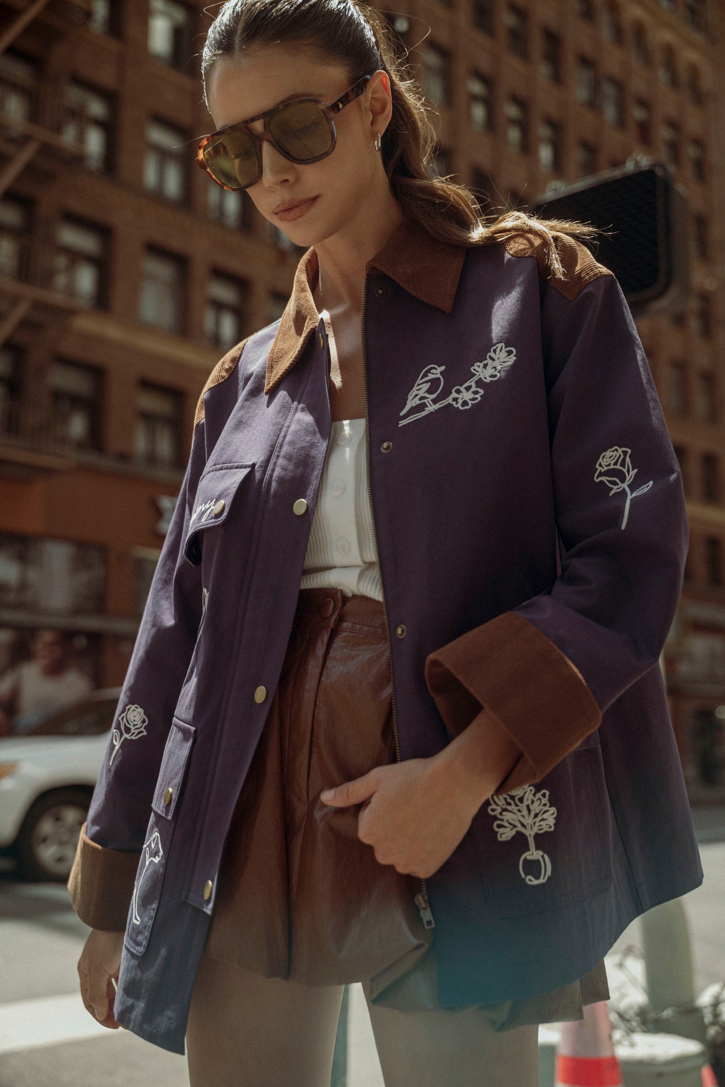 Embroidered Contrast Collar Twill Jacket Navy