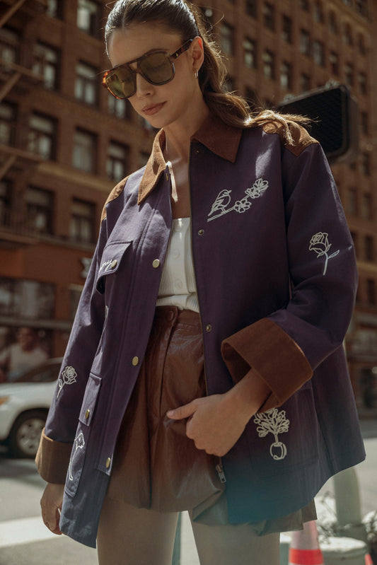 Embroidered Contrast Collar Twill Jacket Navy