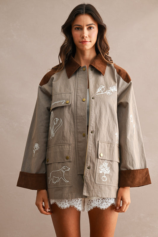 Embroidered Contrast Collar Twill Jacket Mocha