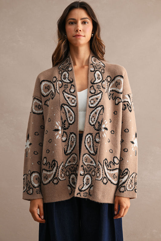 Paisley Pattern Over Sized Cardigan Taupe