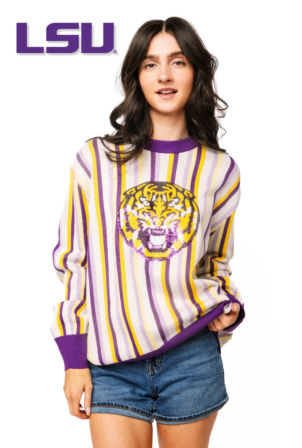 Licensed LSU Striped Mascot Sweater