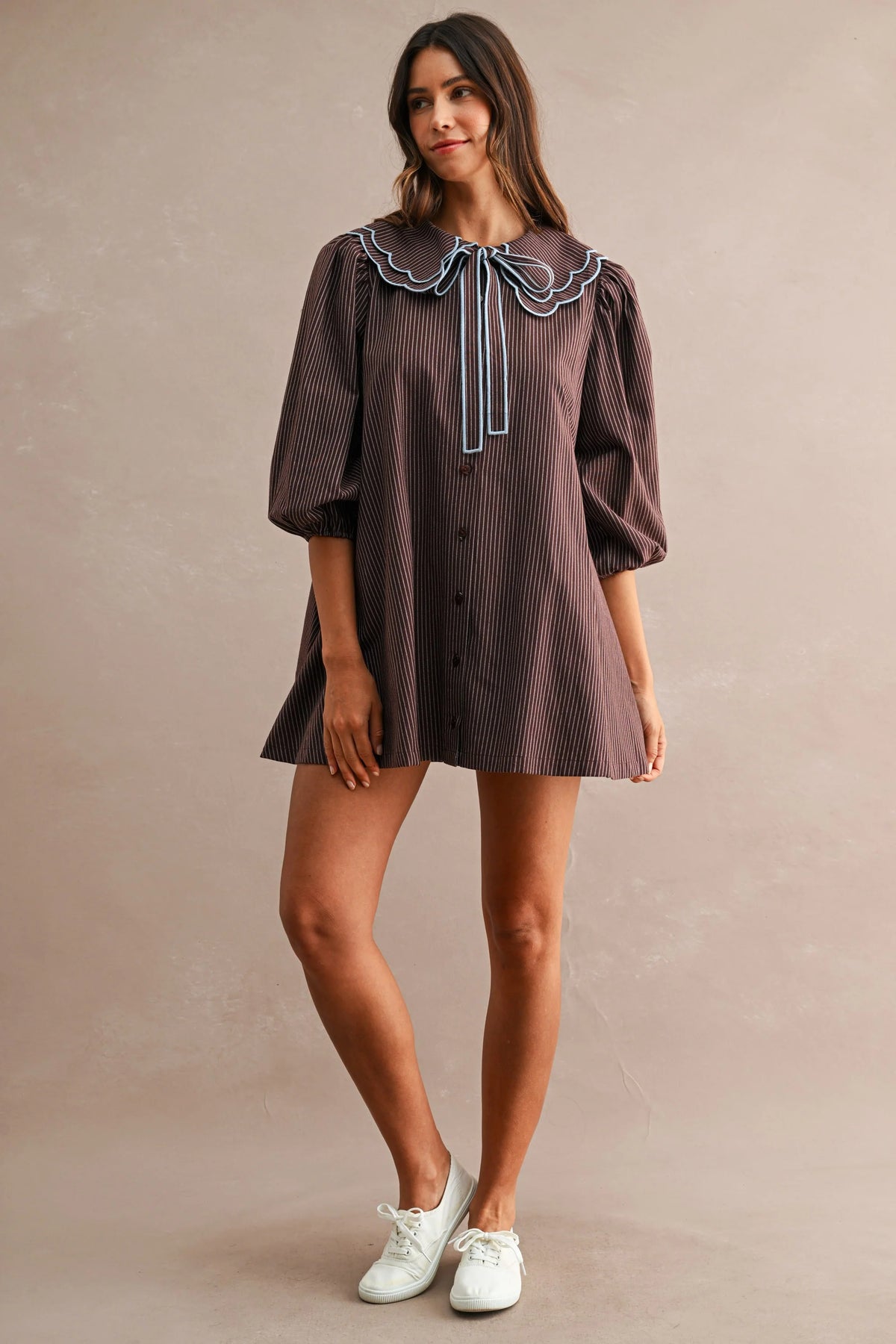 Scallop Peter Pan Collar Shirt Mini Dress Chocolate Brown