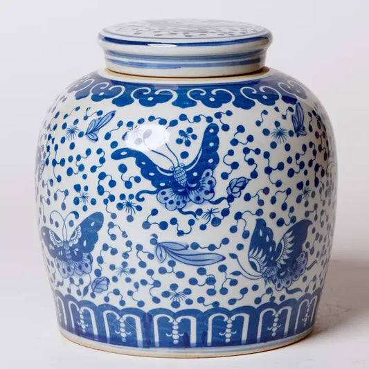 Polka Dots Butterfly Blue and White Porcelain Round Jar