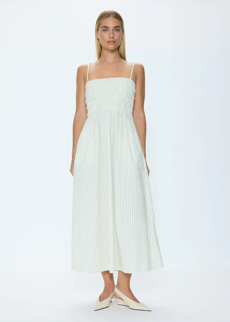 Bianca Shirred Bodice Dress Sage Egret Stripe