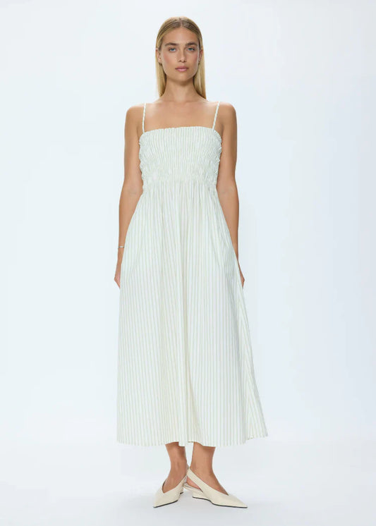Bianca Shirred Bodice Dress Sage Egret Stripe