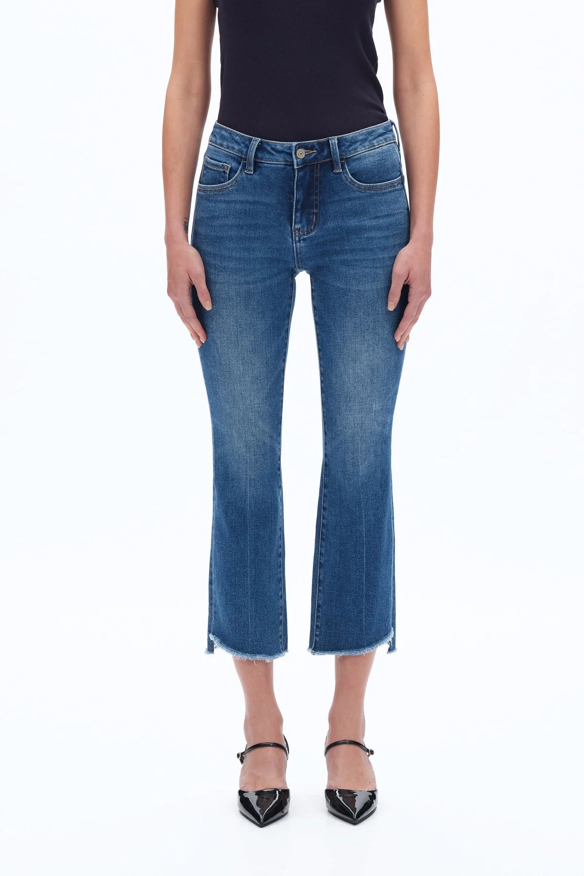 Mid Rise Cropped Stepped Hem Bootcut Jeans Freeloop