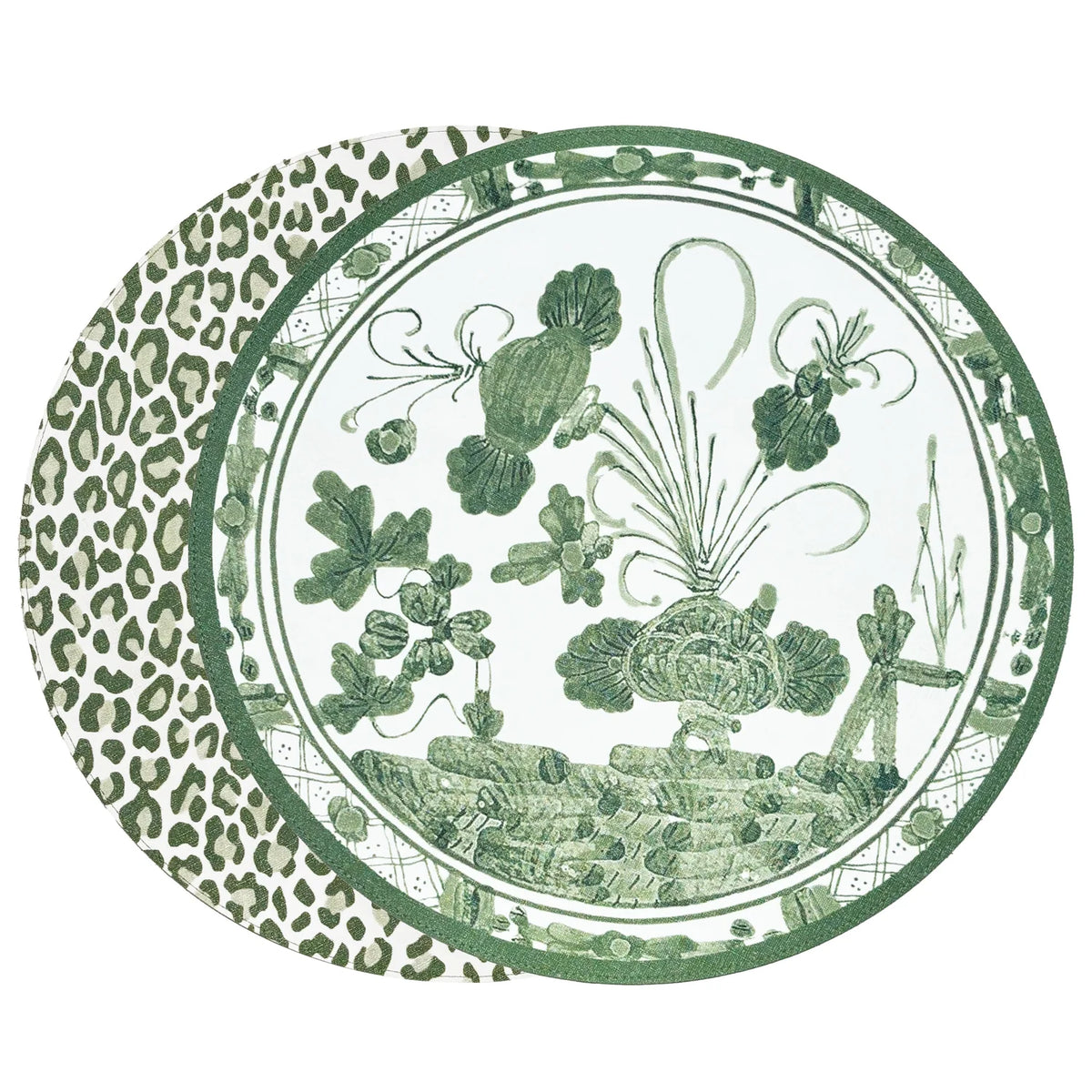 Vida Faenza & Cheetah Reversible Round Placemats White & Green