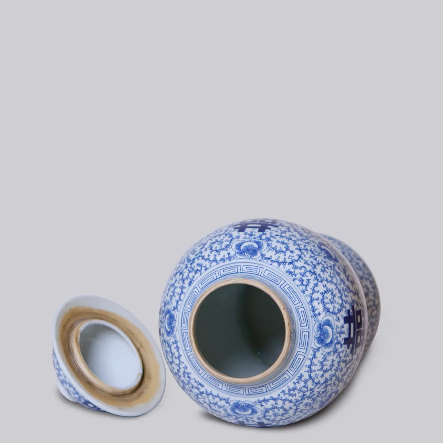 Double Happiness/Scrolling Peony Blue and White Temple Jar