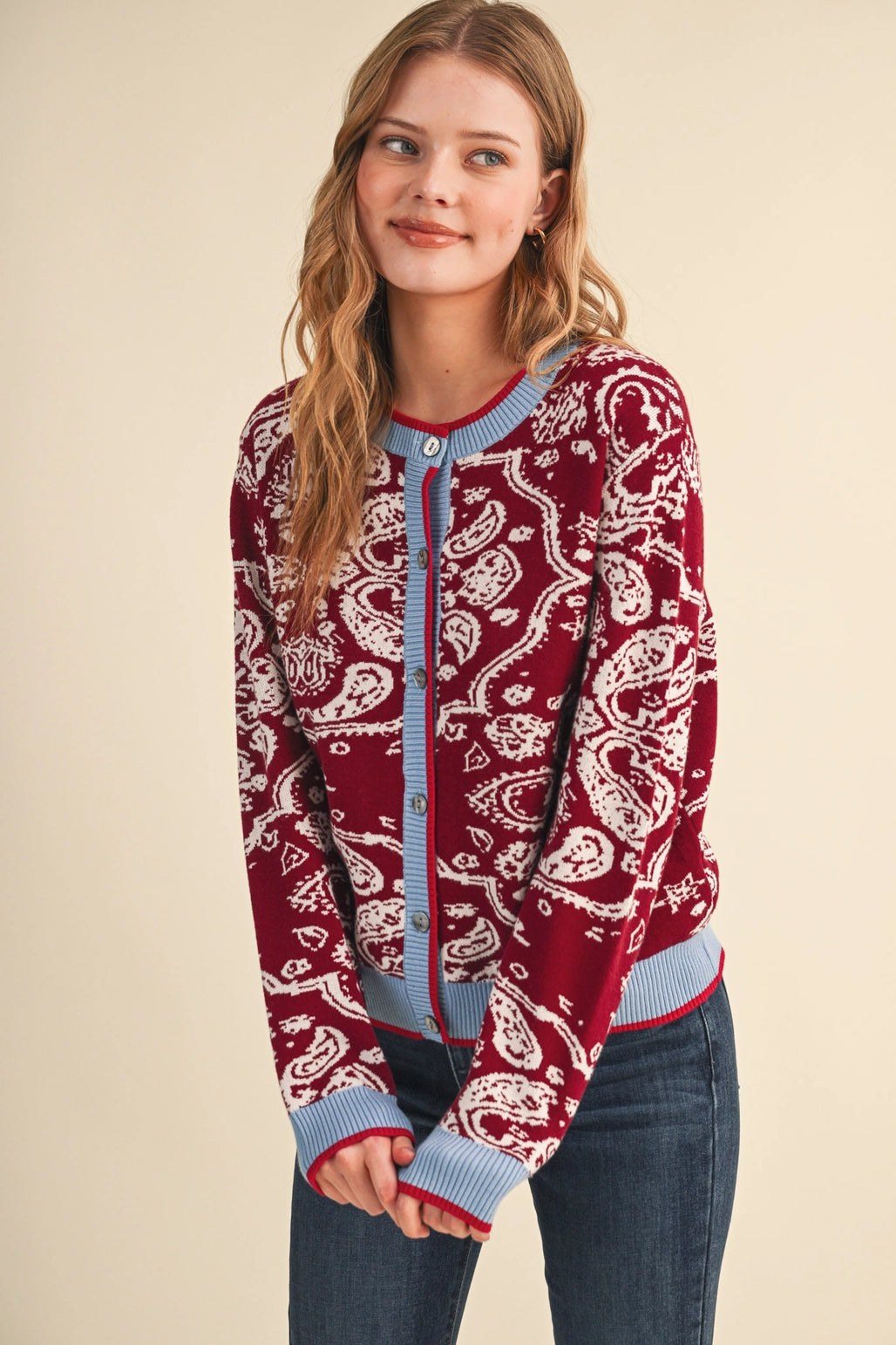 Paisley Knit Contrast Button Down Sweater Cardigan Burgundy Blue